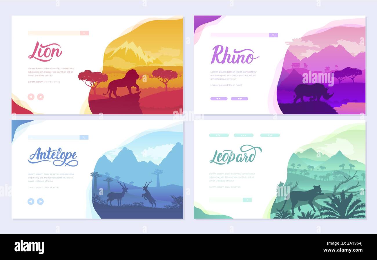 Brochures with African animals in natural habitat. Set of flyers with wildlife in the sunset of the day. Template of flyear, web banner, ui header, enter site. Layout illustration modern slider Stock Vector