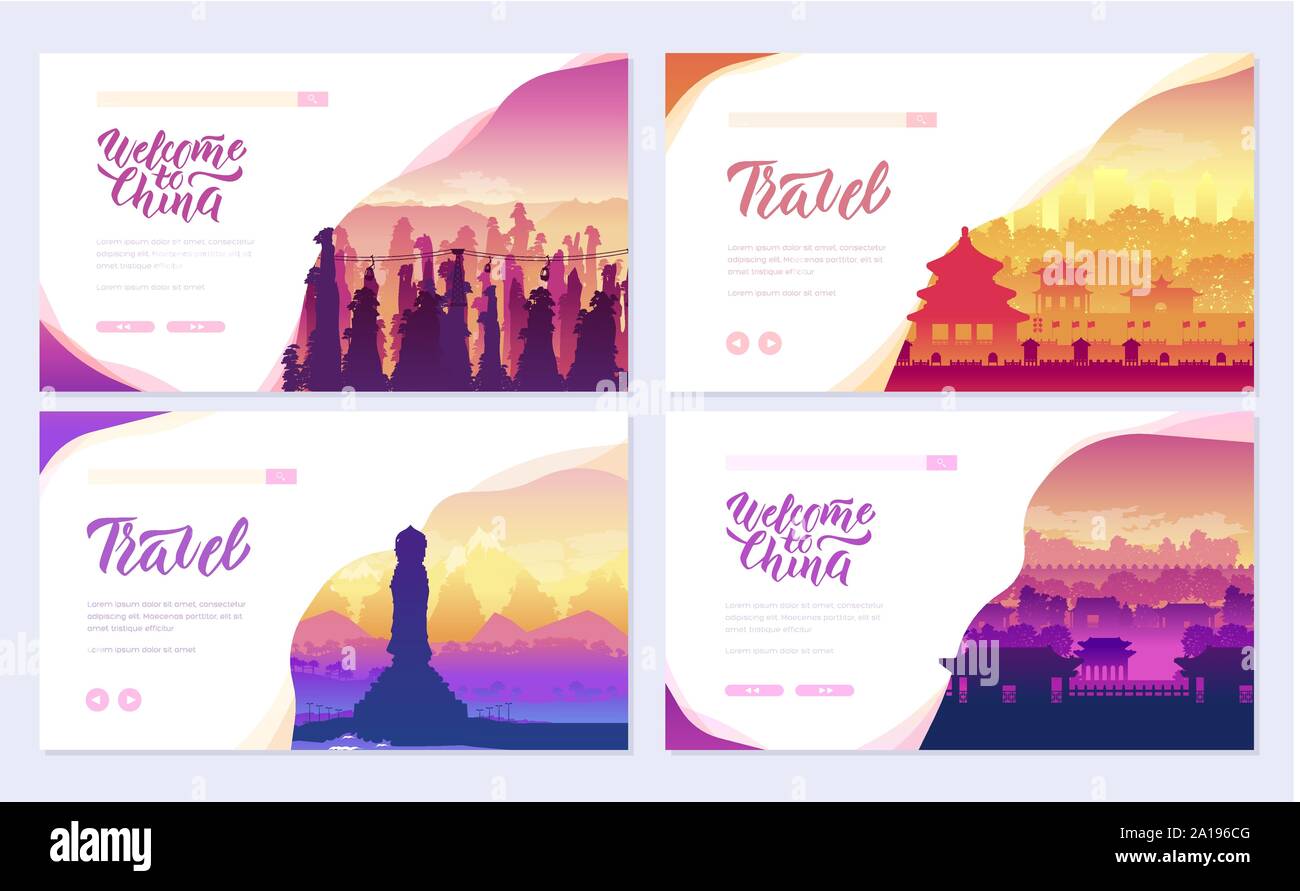 Top rated tourist attractions in china brochure cards set. Best Tourist Attractions in China template of flyear, web banner, ui header, enter site concept background. Layout modern slider Stock Vector