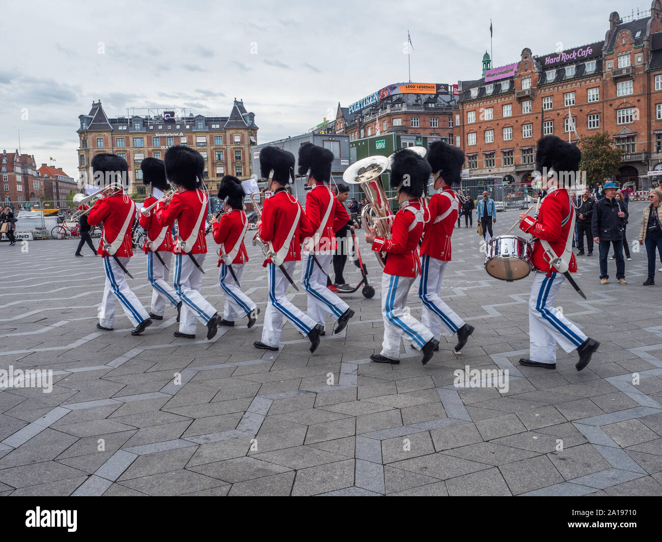 Copenhagen, Denmark - May 28, 2019: The Tivoli Gardens Youth Guard band in red gala uniform next to City Hall   in Kopenhagen, Denmark, Drums and Fife Stock Photo