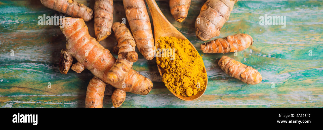 Turmeric root and turmeric powder on color wooden background BANNER