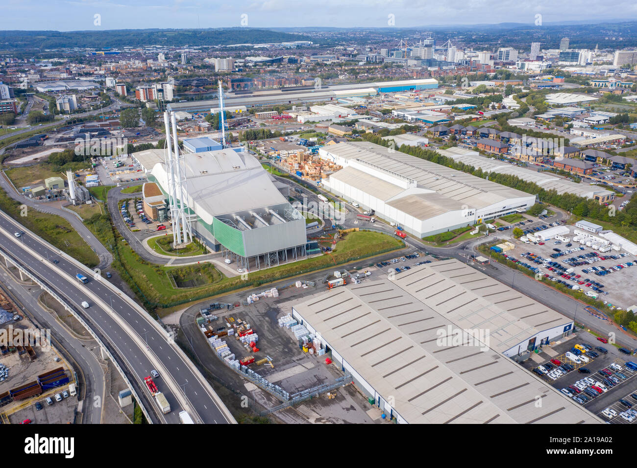 Aerial view of Garbage incineration plant. Waste incinerator plant in Splott, Cardiff, Wales, UK.  The problem of environmental pollution by factories Stock Photo
