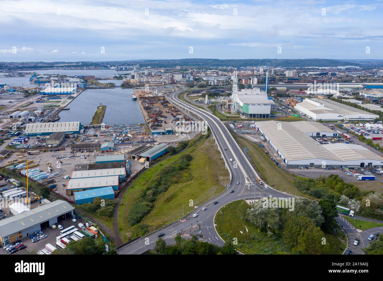 Aerial view of the industrial side of the Cardiff bay / docks, Wales UK Stock Photo