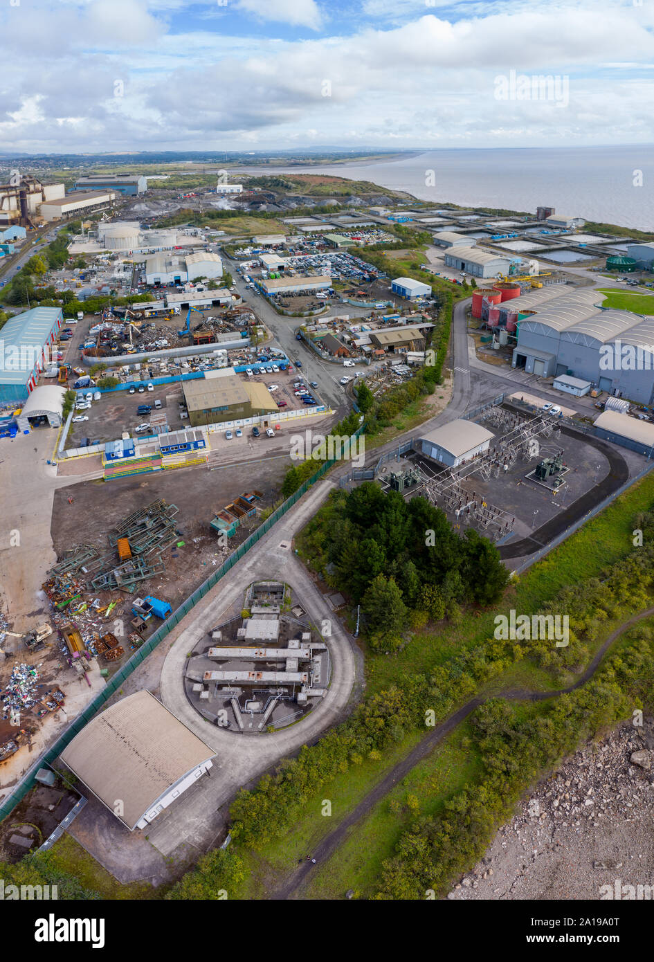 Aerial view of the industrial side of the Cardiff bay / docks, Wales UK Stock Photo