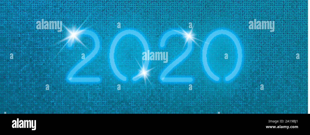2020 digital web banner. Vector neon blue numbers on a halftone pixel background. Social media layout Stock Vector