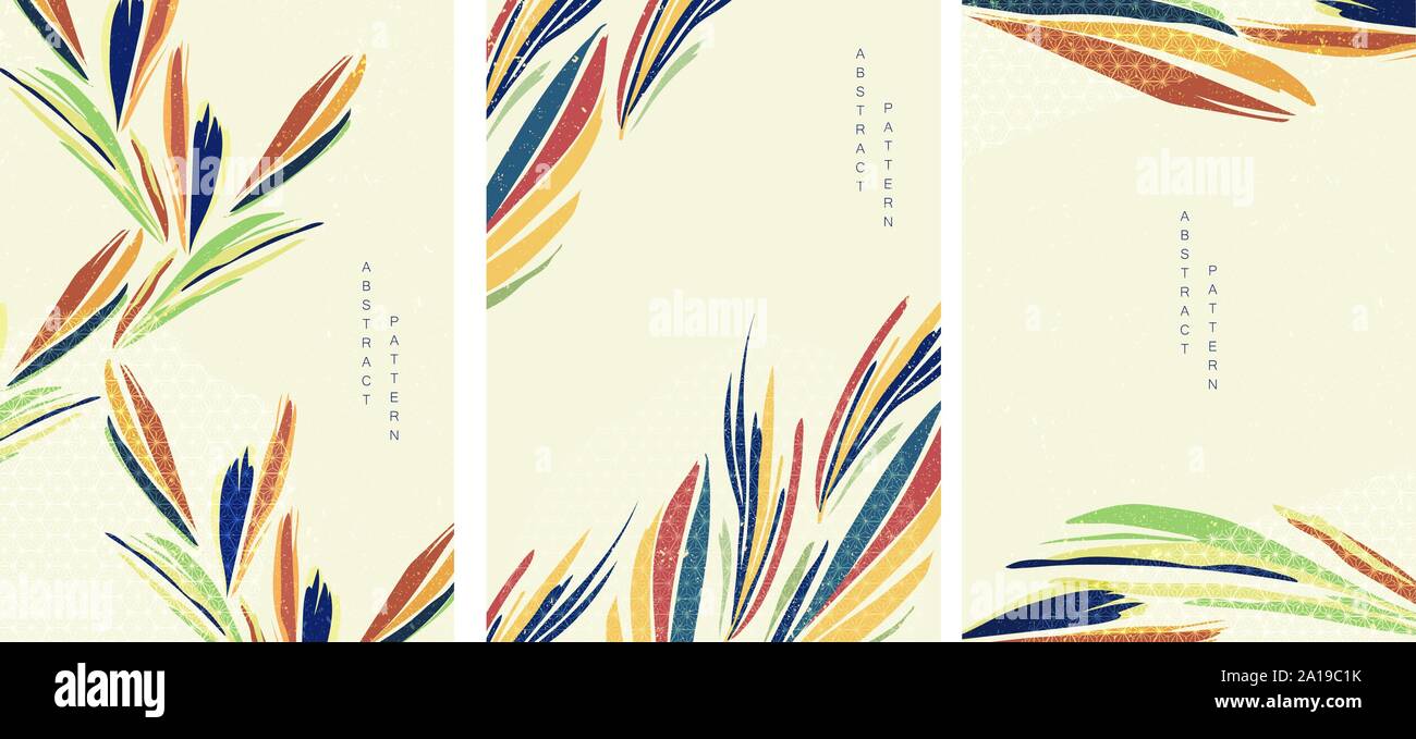 Tropical background with geometric pattern vector. Leaves template with Japanese elements. Stock Vector