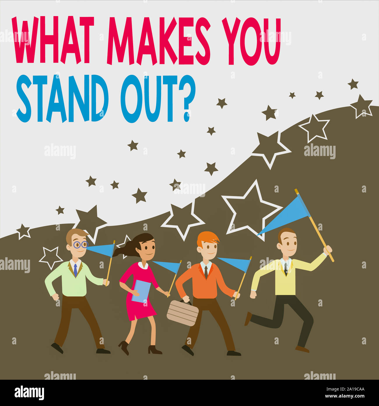 Conceptual Hand Writing Showing What Makes You Stand Out Question Concept Meaning Asking Someone About His Qualities Crowd Flags Headed By Leader Run Stock Photo Alamy
