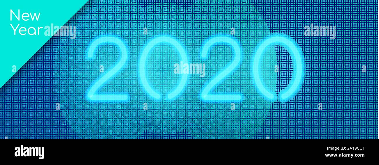 2020 web banner template. Vector neon numbers on a halftone dotted background. Social media New Year greeting banner Stock Vector
