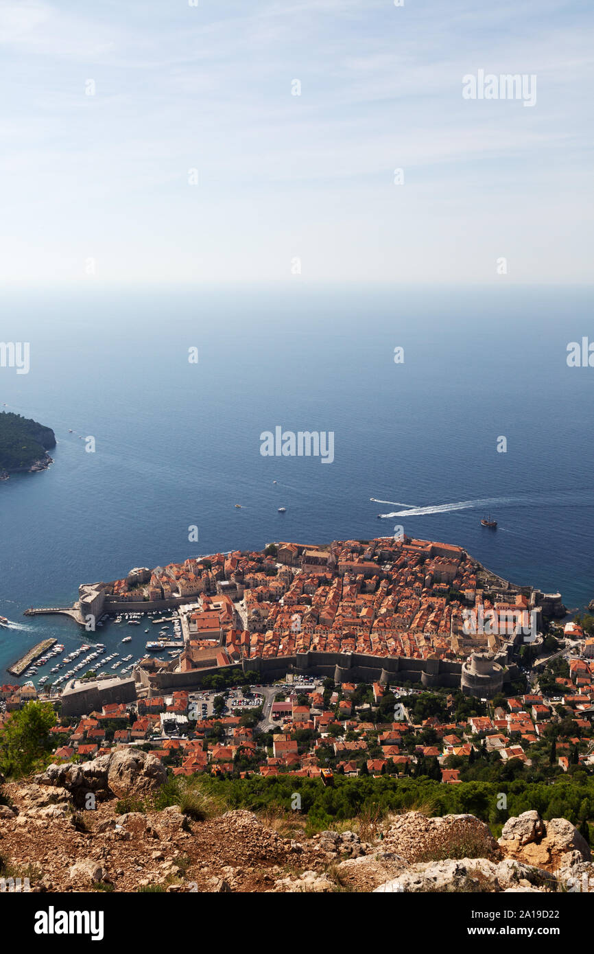 Dubrovnik Mount Srd - view from the panorama viewpoint looking down at Dubrovnik old town, the Dalmatian coast and the Adriatic sea, Dubrovnik Croatia Stock Photo