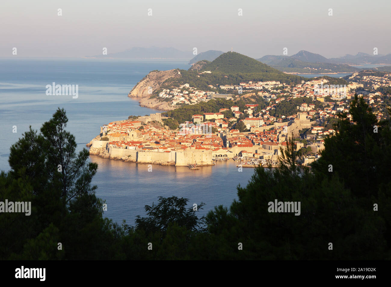 Dubrovnik old town UNESCO world heritage site landscape - the city walls seen from the south along the Dalmatian Coast, Dubrovnik Croatia Europe Stock Photo