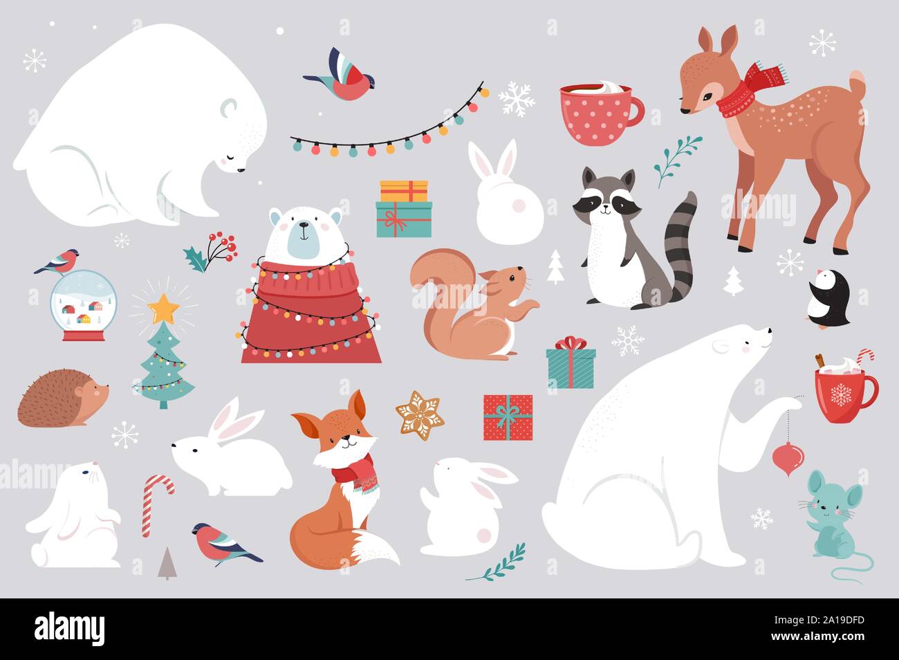 Winter forest animals, Merry Christmas greeting cards, posters with cute bear, birds, bunny, deer, mouse and penguin.  Stock Vector