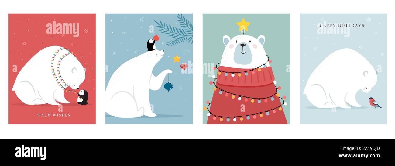 Winter forest animals, Merry Christmas greeting cards, posters with cute bear, birds, bunny, deer, mouse and penguin.  Stock Vector