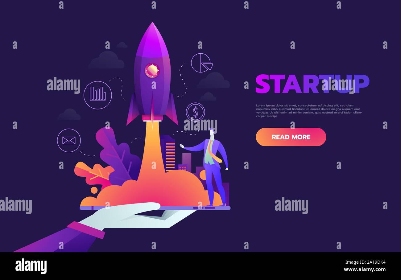 Startup launching process isometric infographic technology online. Business concept vector. Rocket space ship taking off with micro creative people. Stock Vector