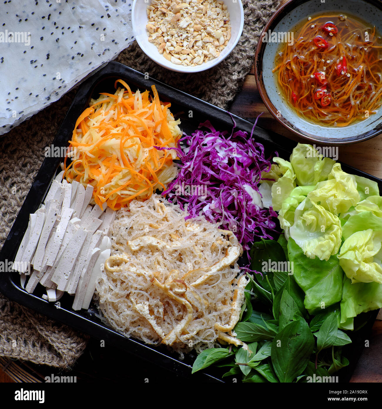 Top view ingredient food for fresh vegan rice paper rolls, a popular