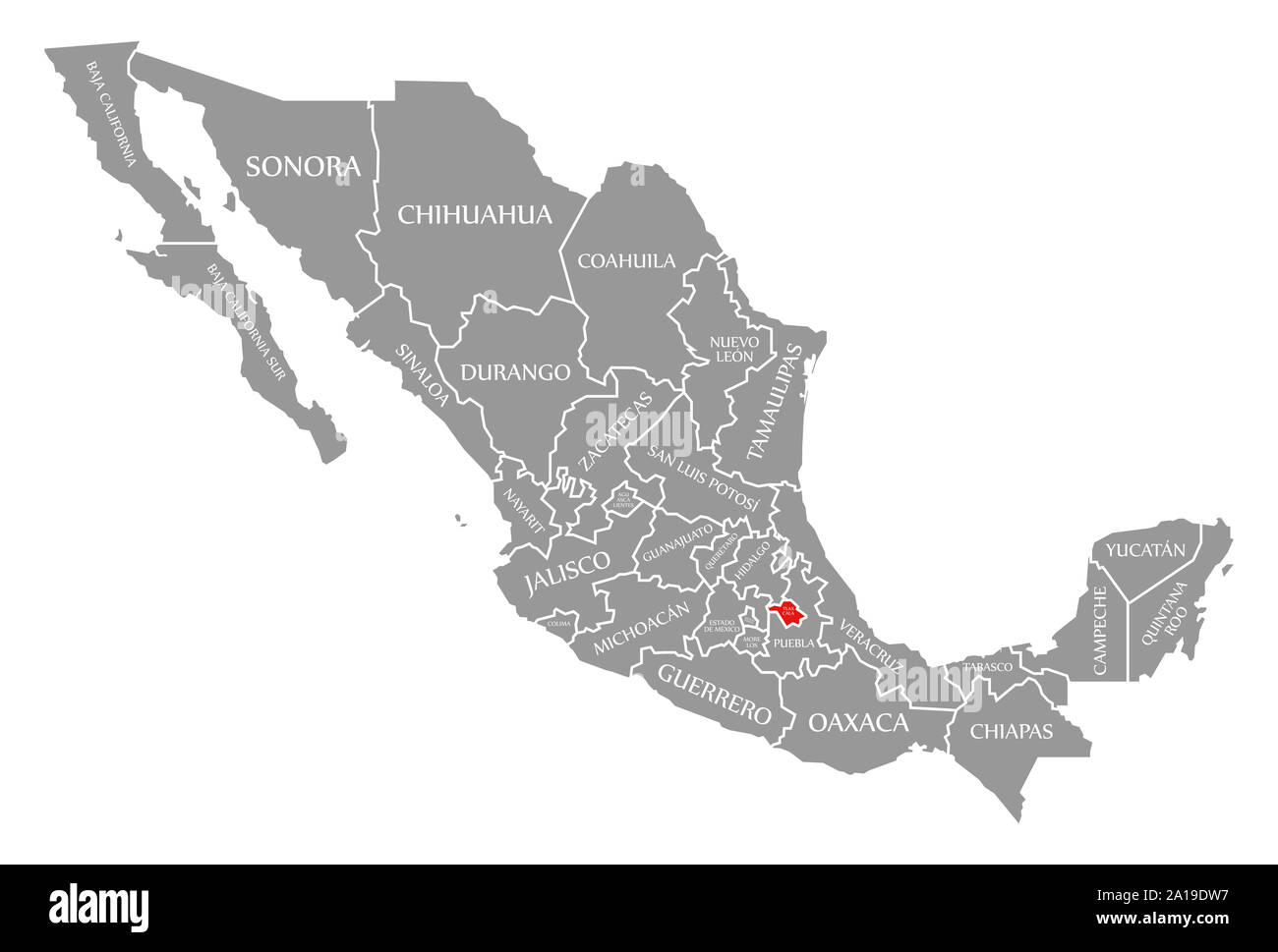Tlaxcala red highlighted in map of Mexico Stock Photo