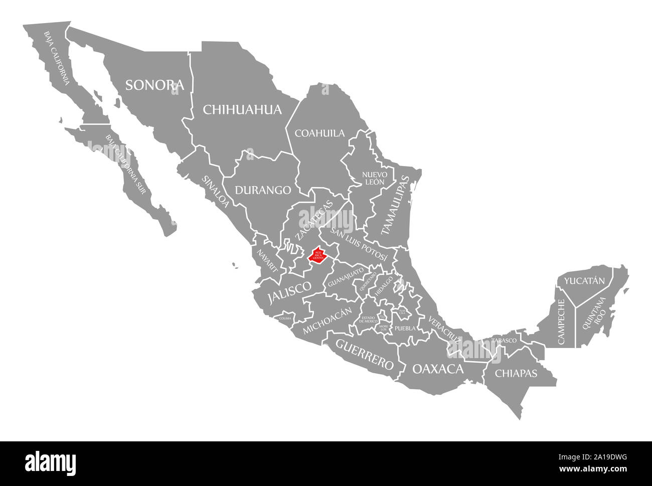 Aguascalientes red highlighted in map of Mexico Stock Photo