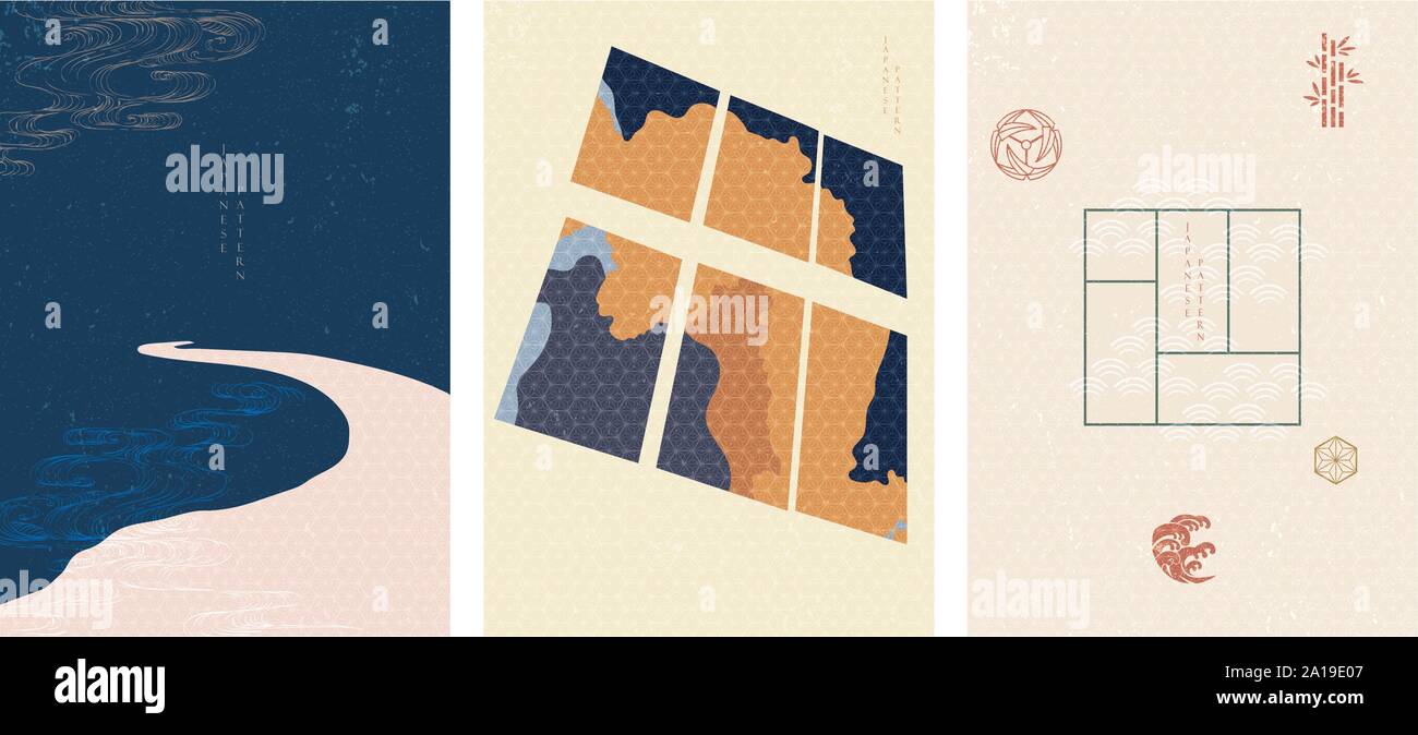 Japanese template with landscape background vector Japanese icons with