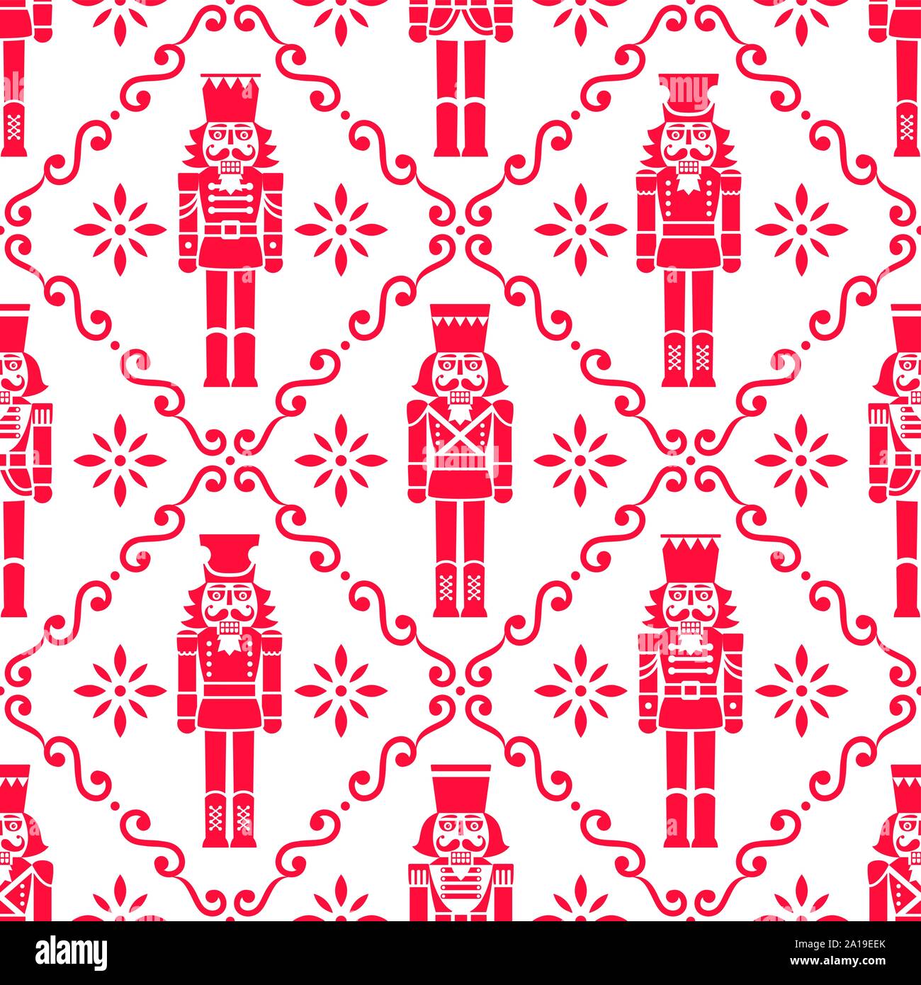 Christmas nutcrackers vector seamless pattern - Xmas soldier figurine repetitive red and white ornament, textile design Stock Vector