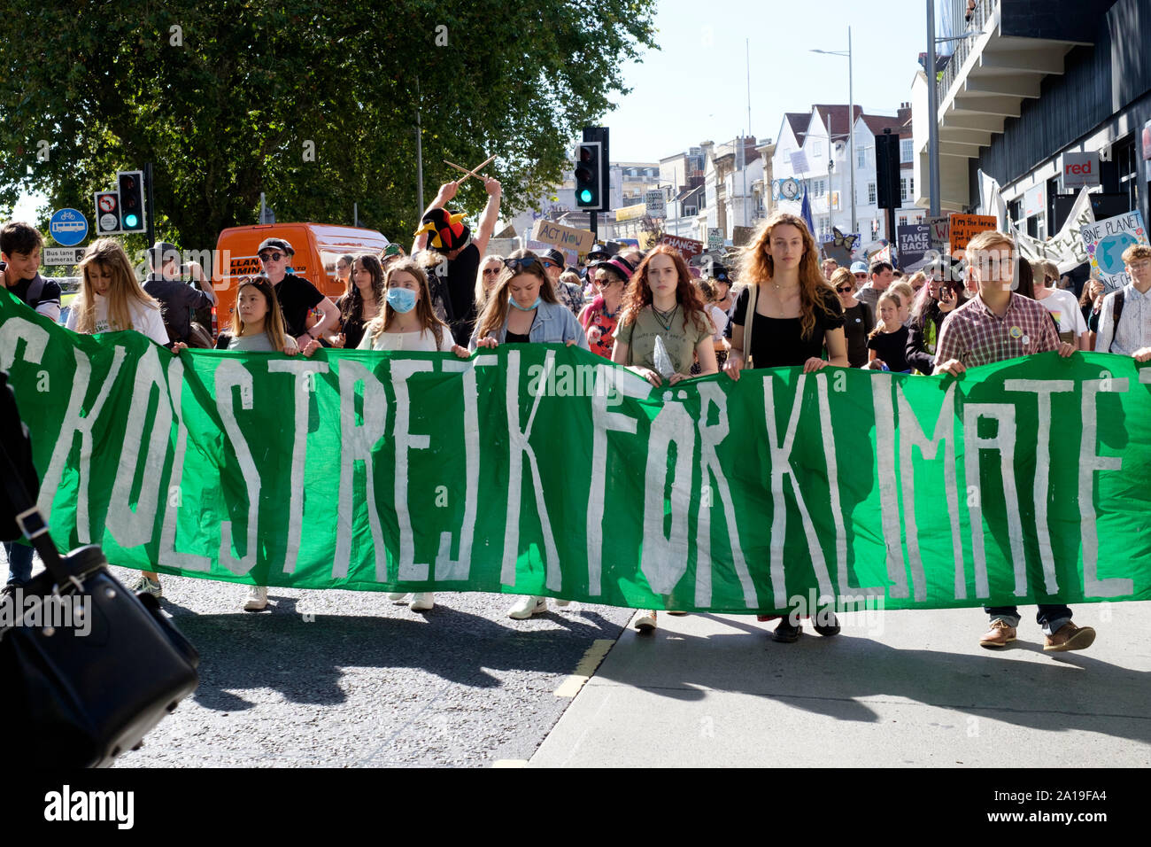 The 20th Sept Youth for Climate Change protest in Bristol. Friday strike for climate march in the city. The School strike for Climate banner. Stock Photo