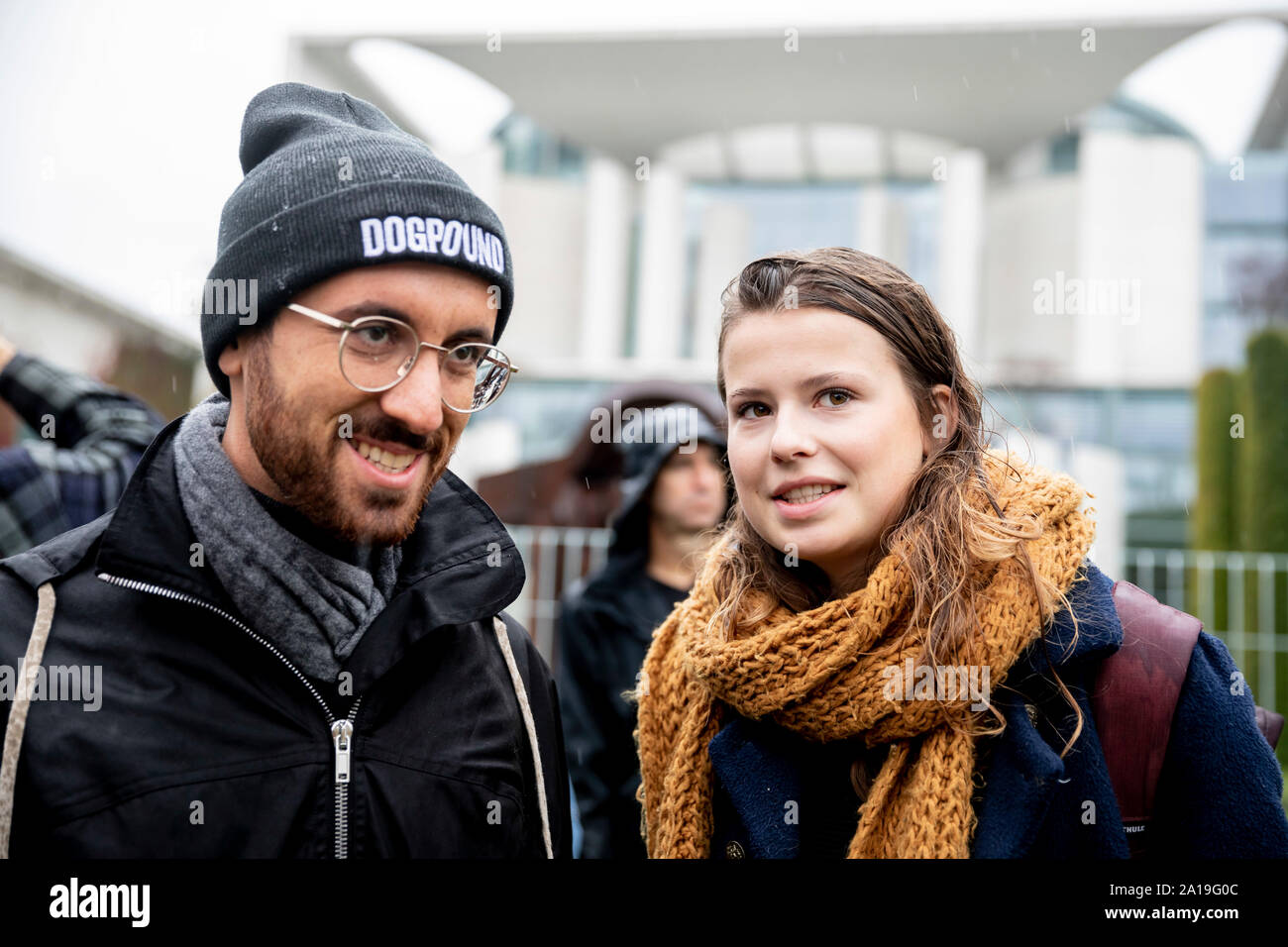 Berlin, Germany. 25th Sep, 2019. Luisa Neubauer, climate protection activist of the Fridays for Future movement, and Igor Levit, pianist, stand before the Federal Chancellery after a demonstration by Fridays for Future and the non-governmental organisation Campact against the climate policy of the Federal Government. Credit: Christoph Soeder/dpa/Alamy Live News Stock Photo
