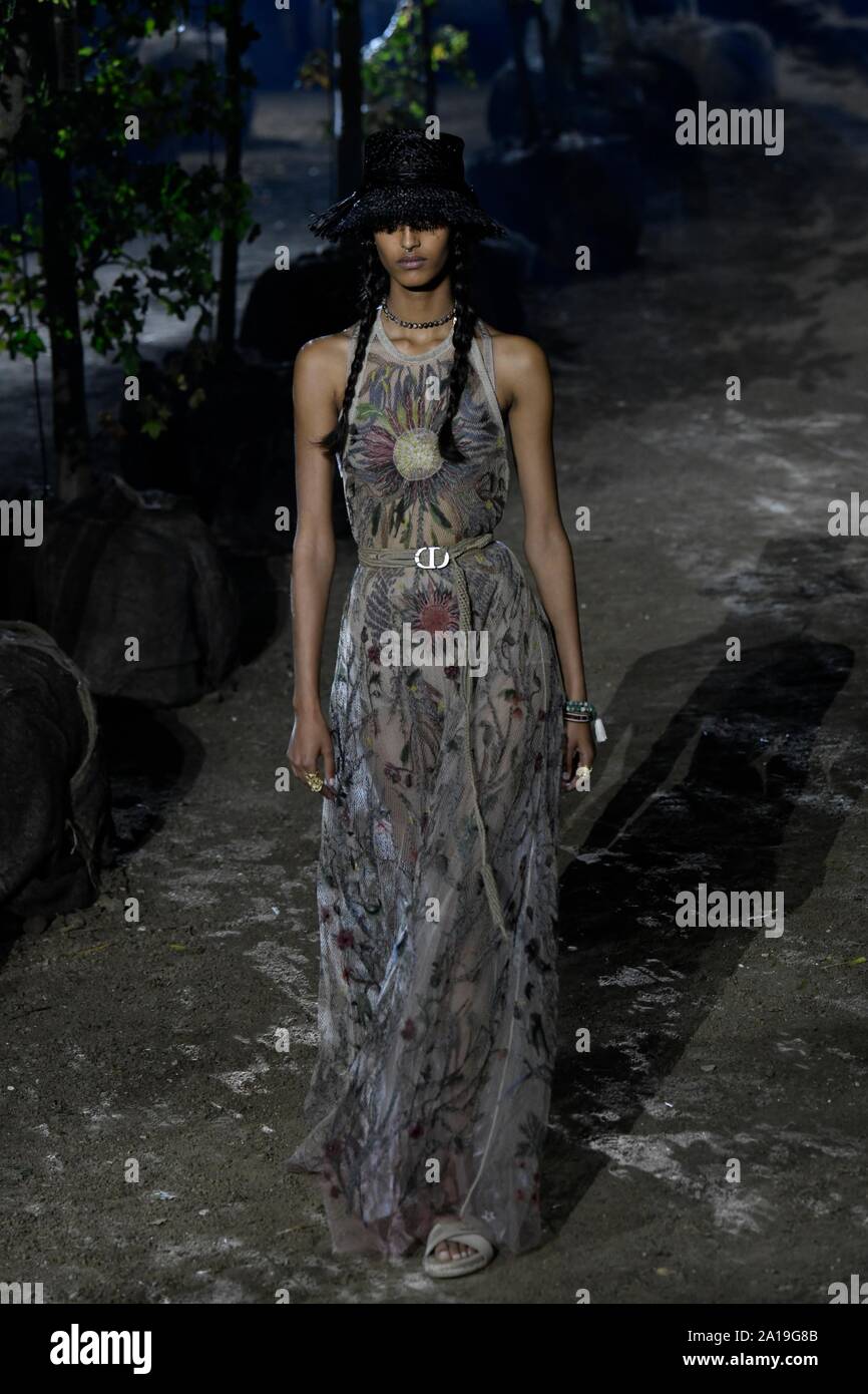 Paris France. 24th Sep 2019. A model presents a creation by designer Maria Grazia Chiuri at her Spring Summer 2020 women s ready to wear collection show for fashion house Dior during Paris Fashion Wee...