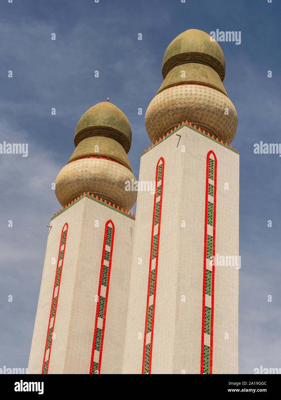 Towers minarets of the Mosque of Divinity  in the fishing village of Ouakam, in Dakar, Senegal Stock Photo