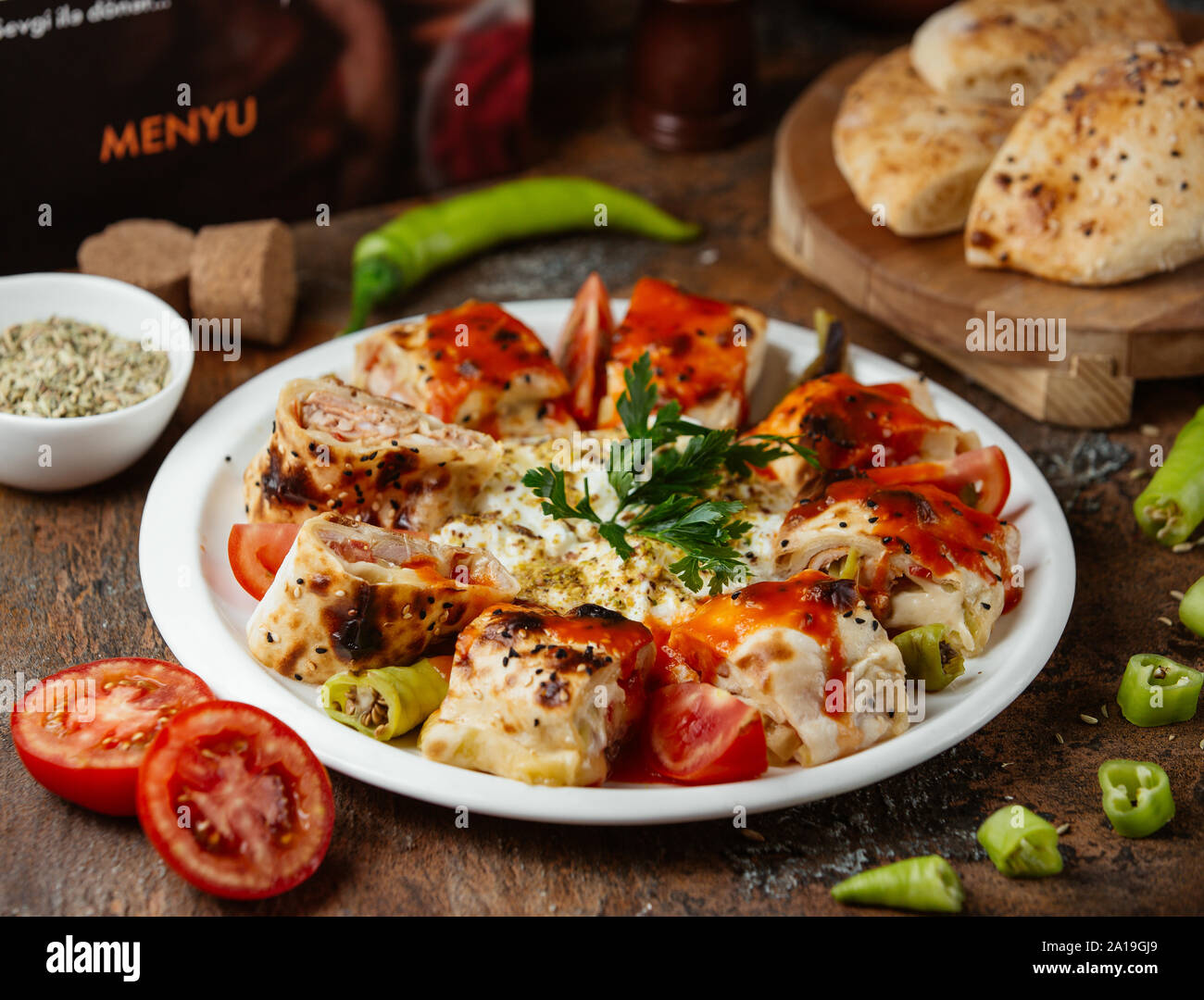 Chicken rolls with vegetables and herbs Stock Photo
