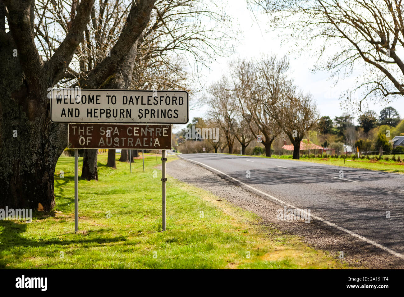 The road sign which greets travellers as they arrive in the Spa Capital of Australia, located in the state of Victoria. Stock Photo