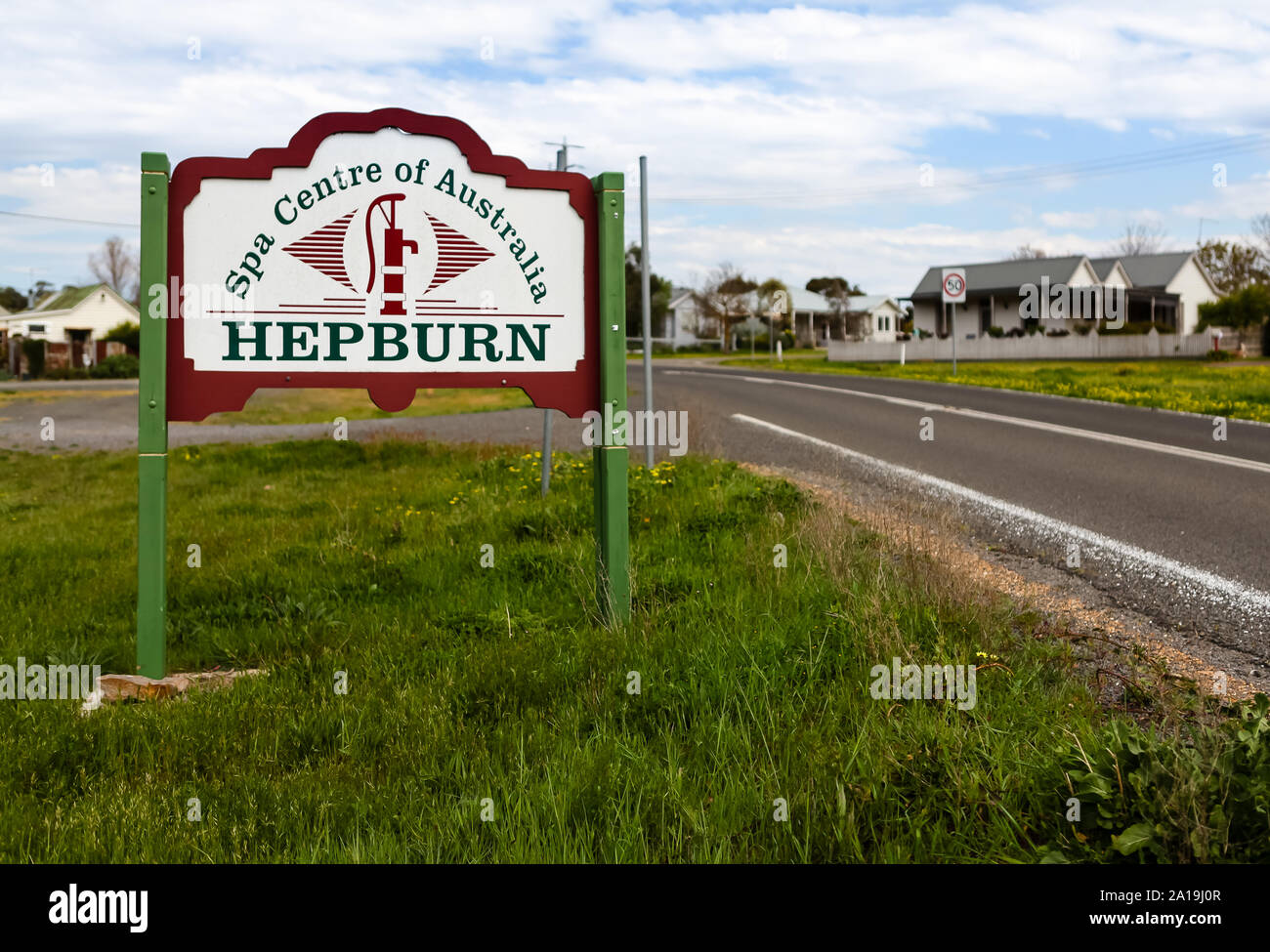 The road sign which greets travellers as they arrive in the Spa Capital of Australia, located in the state of Victoria. Stock Photo