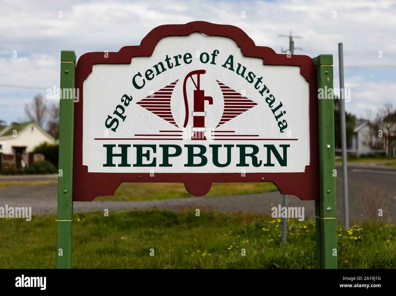 The road sign which greets travellers as they arrive in the Spa Capital of Australia, located in the state of Victoria. Stock Photo