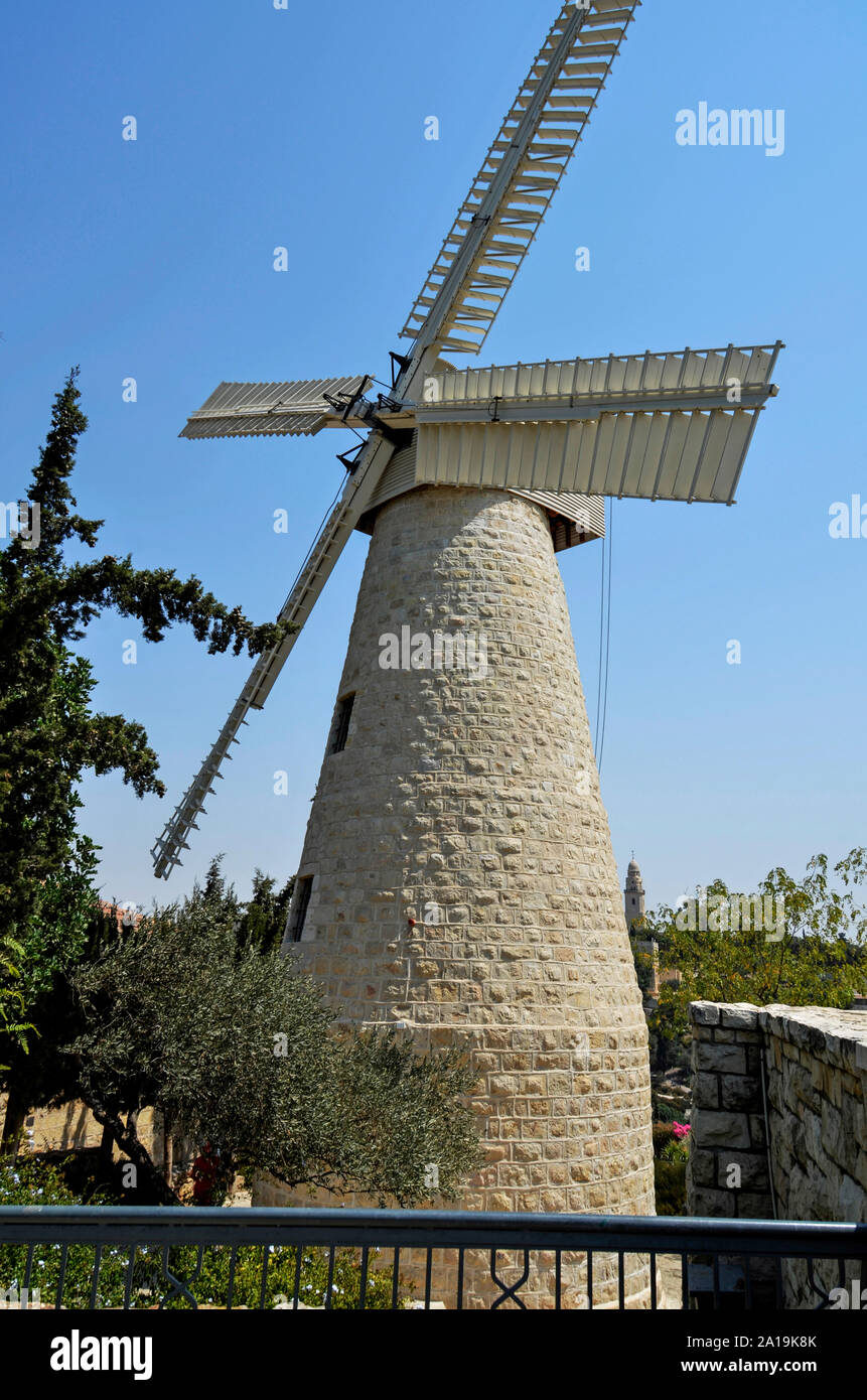 The windmill at Yemin Moshe, Jerusalem was erected by Moshe Moses Montefiore in 1857 for grinding grain into flour Stock Photo