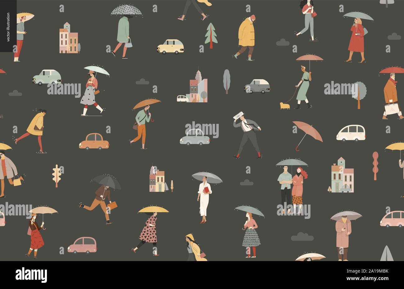 Rain -walking people seamless pattern -modern flat vector concept illustration of people with umbrella, walking or standing in the rain in the street, Stock Vector