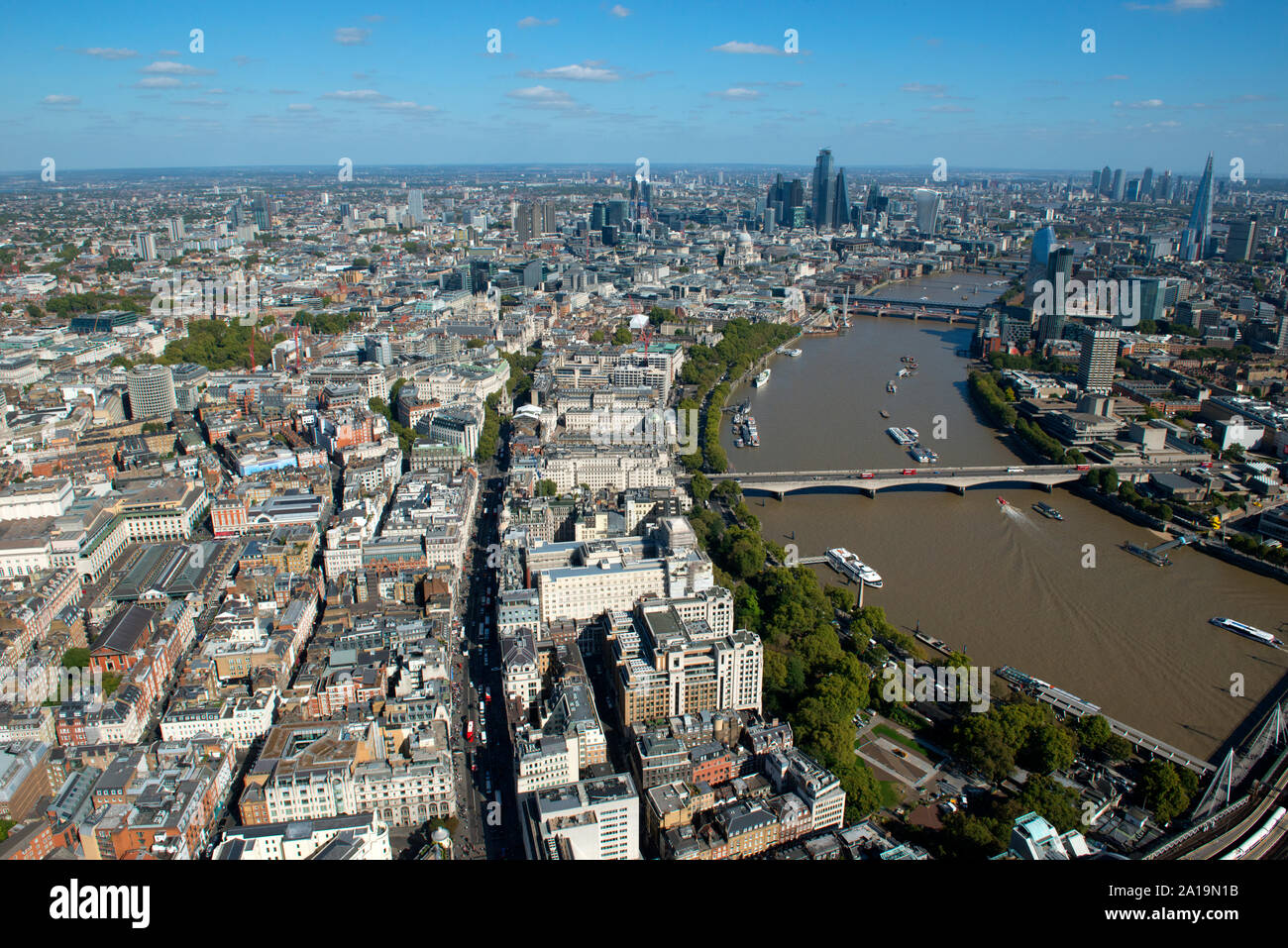 An aerial view to the River Thames across Embankment and the Shard. Stock Photo
