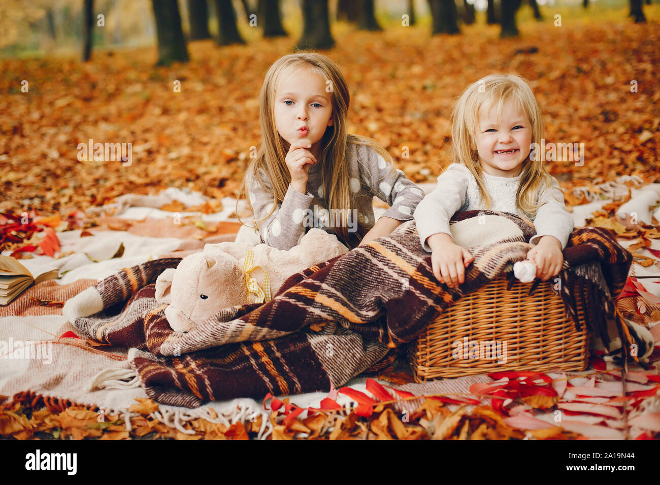 Cute little girls in a autumn park Stock Photo - Alamy