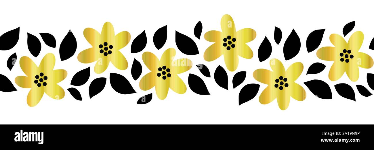 Gold foil flower garland seamless vector border. Shiny metallic golden