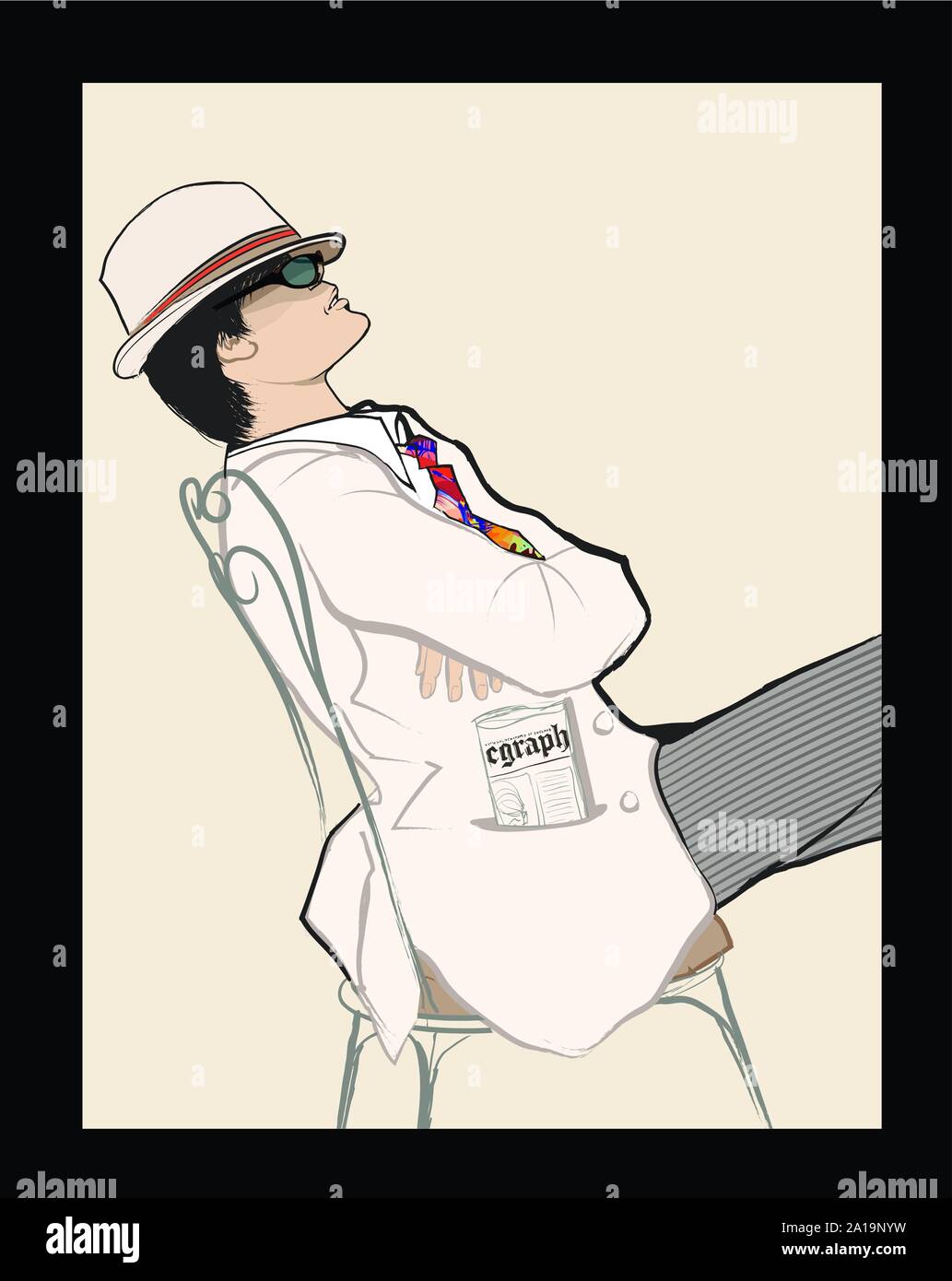 Young handsome man with hat and sunglasses resting on a chair in a garden - vector illustration (Ideal for printing on fabric or paper, poster or wall Stock Vector