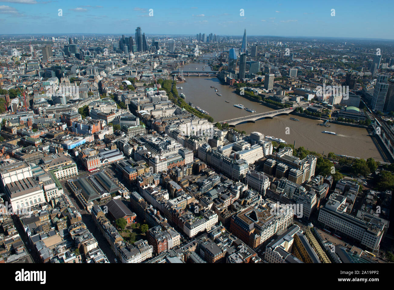 An aerial view to the River Thames across Embankment and the Shard. Stock Photo