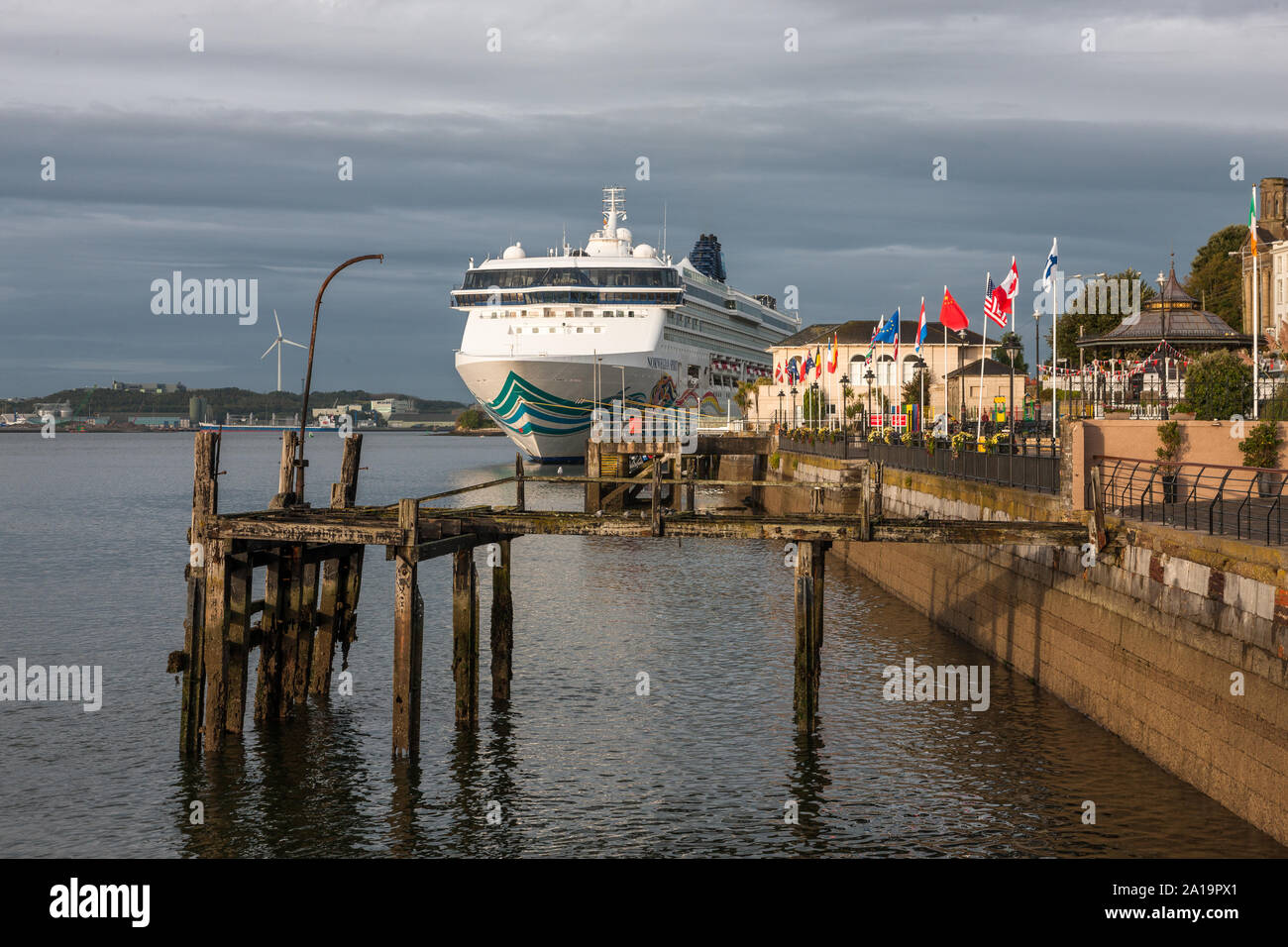 Cobh Cork Ireland 25th Sep 2019 The Old White Star Line Pier Now In Disrepair While The Cruise Ship Norwegian Spirit Is Tied Up At The Deep Water Quay In Cobh Co