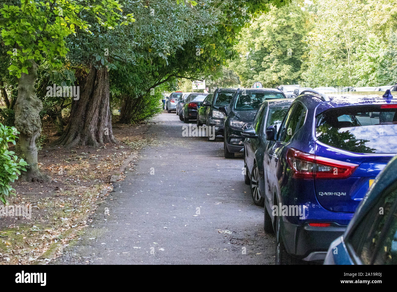 Cars parked on pavement obstructing pedestrian access and wheelchair access Stock Photo