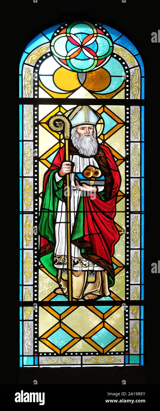 Saint Nicholas, stained glass window in the Shrine of the Queen of Peace in Hrasno, Bosnia and Herzegovina Stock Photo