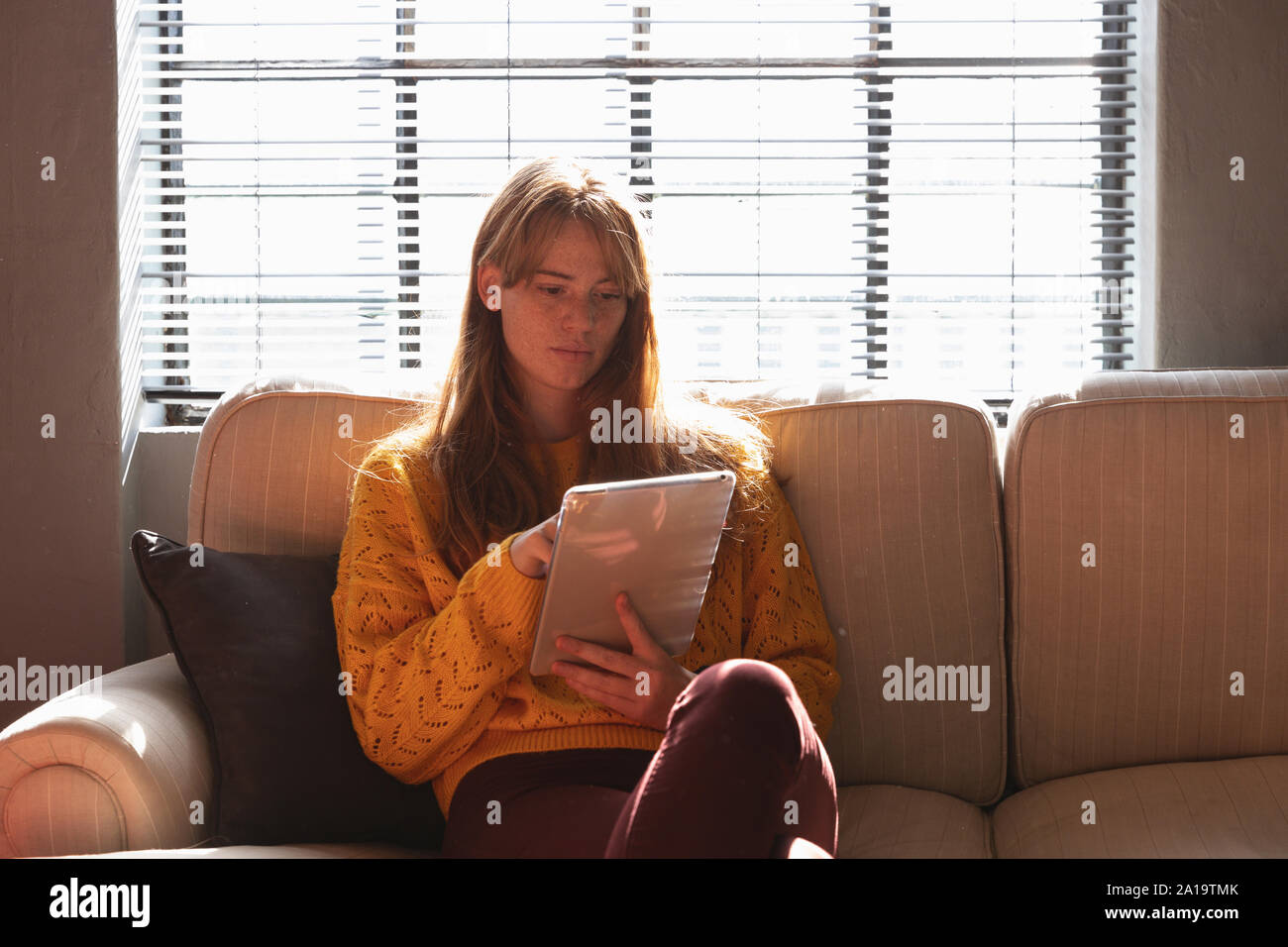 Young creative professional woman using tablet in a sunlit office Stock Photo