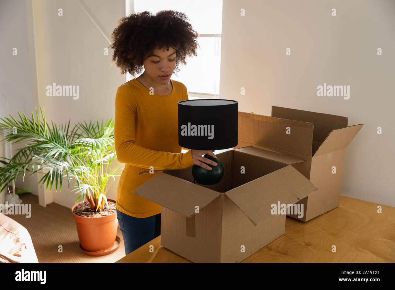 Woman unpacking boxes in an office Stock Photo