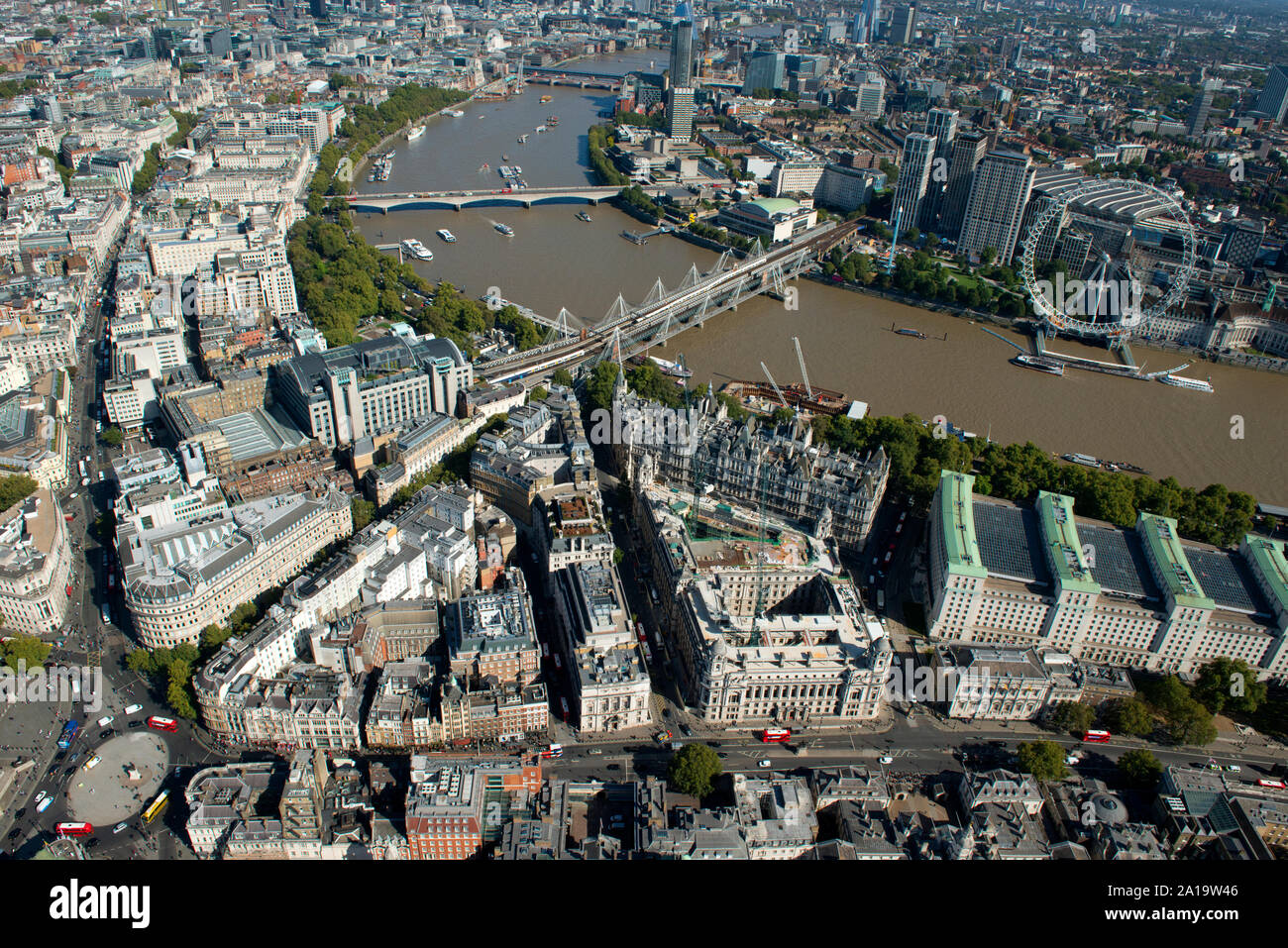 Whitehall and the Embankment with the River Thames from the air. Stock Photo
