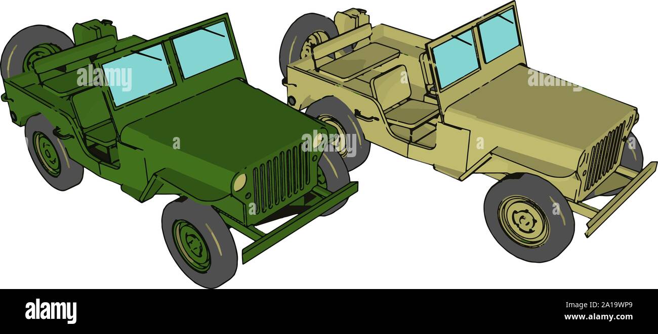 Green military jeep, illustration, vector on white background. Stock Vector