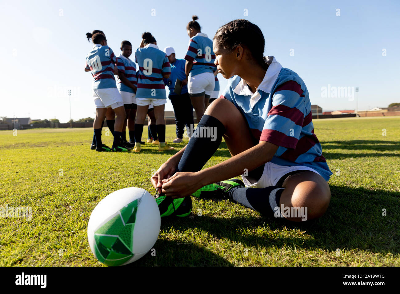 Young adult female rugby player on a rugby pitch Stock Photo Alamy