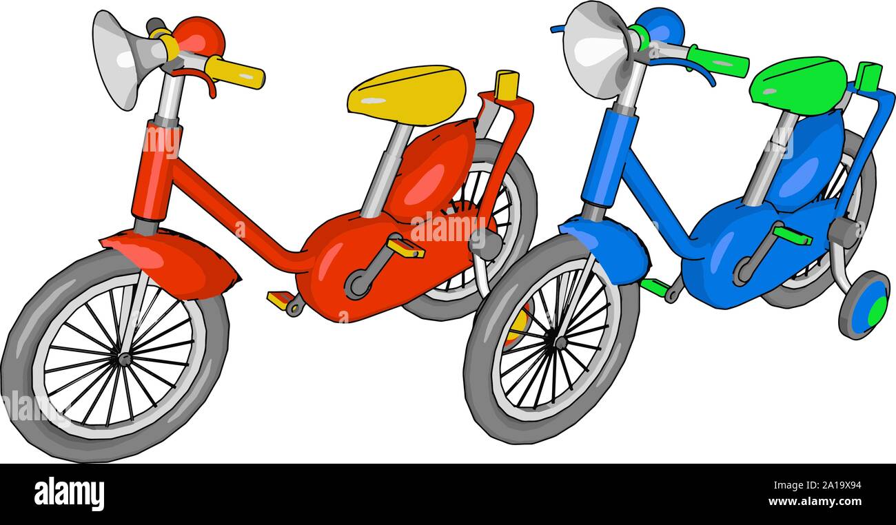 Red and blue small bike, illustration, vector on white background Stock