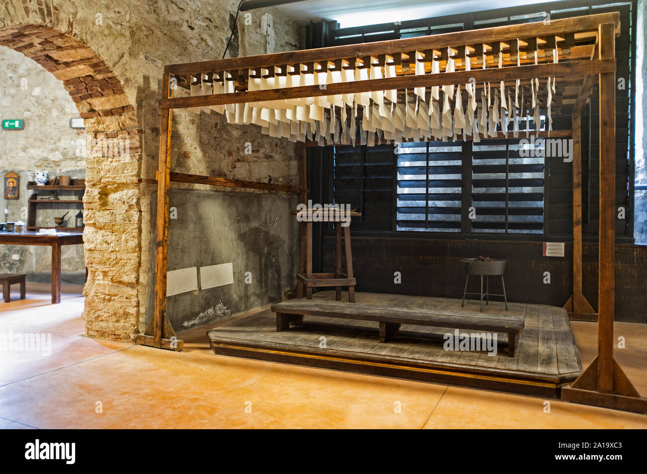 31 August 2019 - Paper Valley, Toscolano Maderno (BS) Italy, Paper Museum, sheets of paper placed to dry Stock Photo