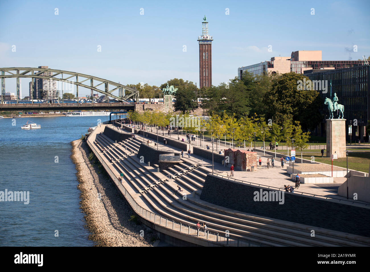 the Rhine boulevard in the district Deutz, Cologne, Germany. The large perron on the banks of the river Rhine between the the Hohenzollern Bridge and Stock Photo