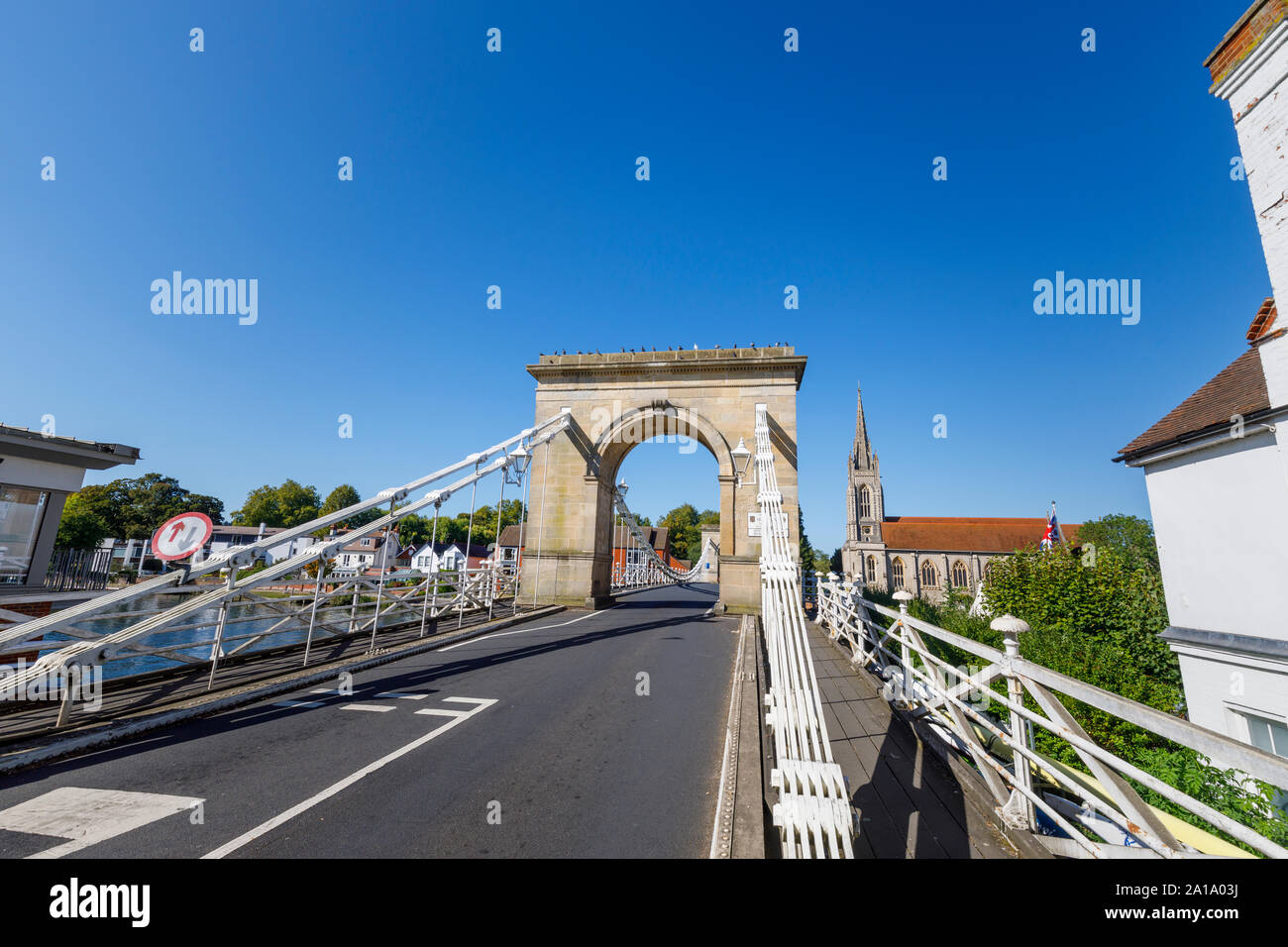 The southern tower entrance arch of Marlow suspension bridge over the