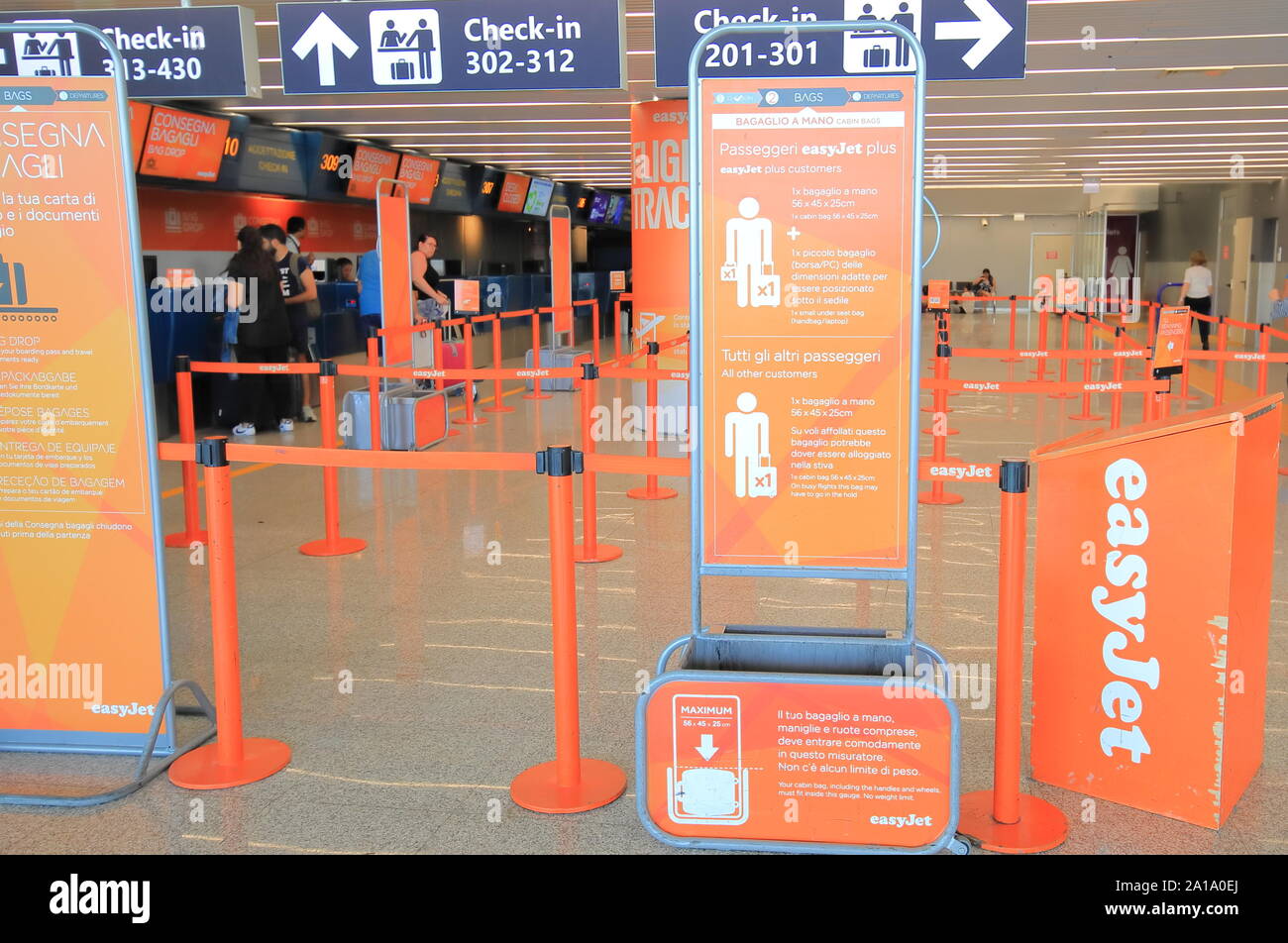 Easyjet luggage size check at Leonardo da Vinci-Fiumicino Airport Rome Italy Stock Photo