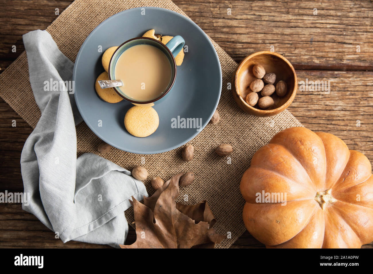 Autumn flat lay with hot drink and treats Stock Photo